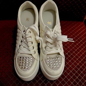 White platform, tennis shoes with crystals enhancements on the toe never worn